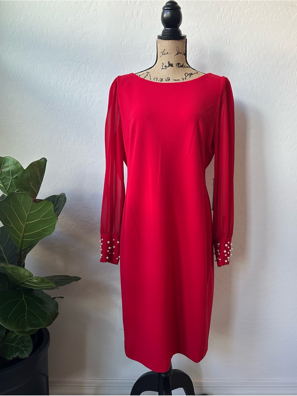 Karl Lagerfeld Red Long-Sleeve Shift Dress with Pearl Cuffs
